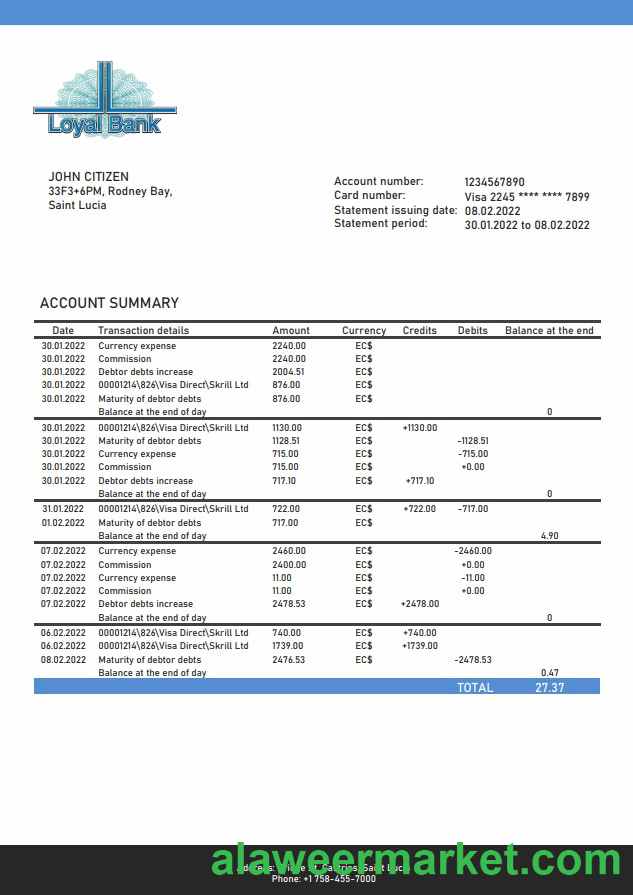 Saint Lucia Loyal Bank statement
